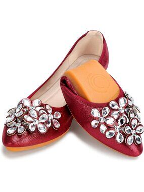 🆕 Women's Foldable Ballet Flats Red Rhinestone Sparkly Wedding Comfort Shoes